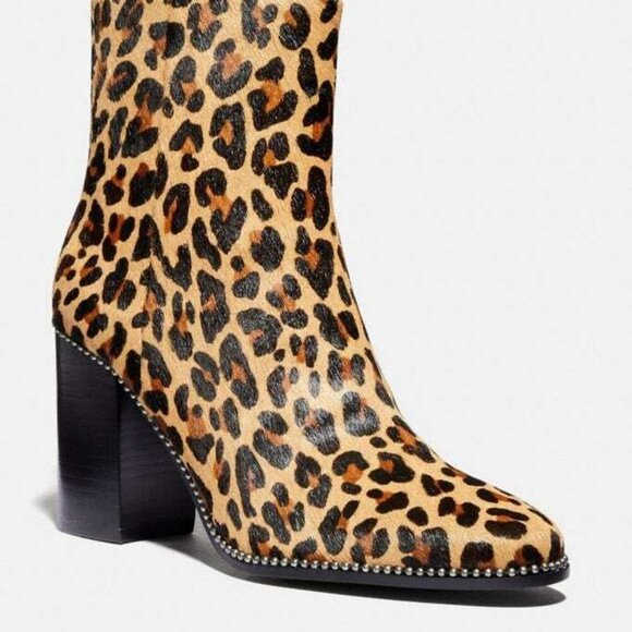 Coach Ankle Boot Womens 8.5 Leopard Brown Block Heel Leather Calf Hair Beaded - Picture 6 of 7